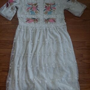 Roolee White Dress with Multicolor Embroidery Women Medium